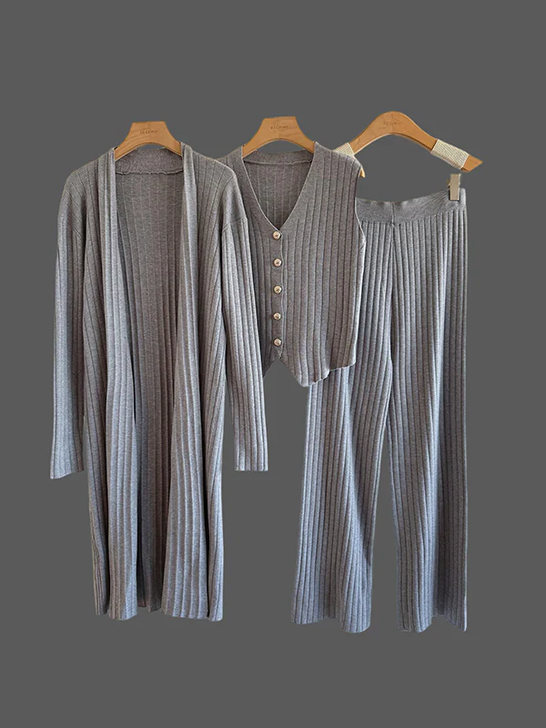 Knitting Sleeveless V-Neck Vest Top + Long Sleeves Cardigan + High Waisted Pants Three Pieces Set - Image 5