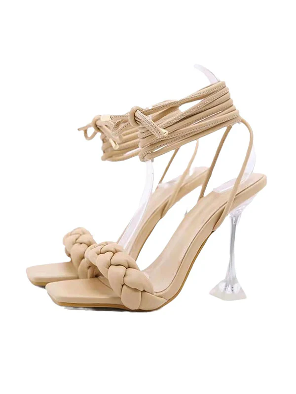 Lace-Up Open Toe Split-Joint Square-Toe Pumps Sandals - Image 15