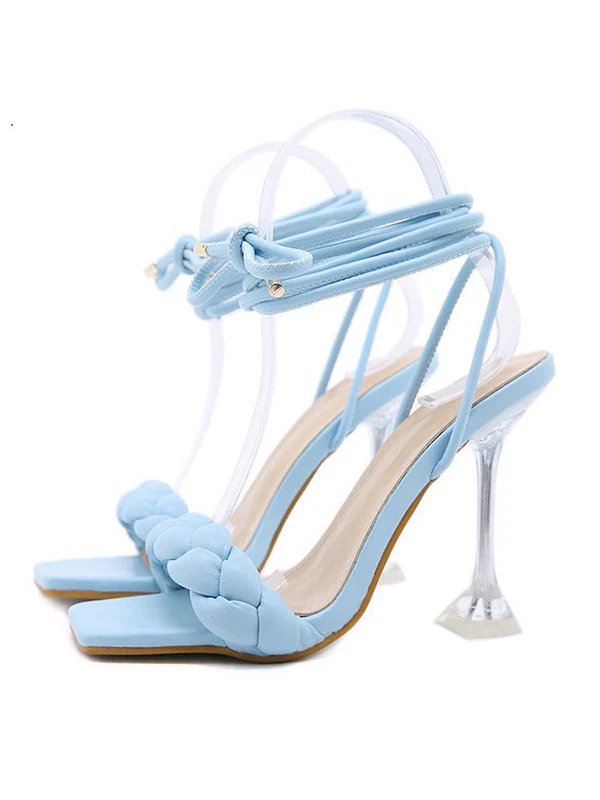 Lace-Up Open Toe Split-Joint Square-Toe Pumps Sandals - Image 16