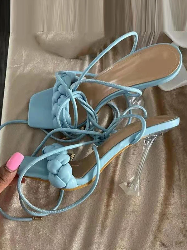 Lace-Up Open Toe Split-Joint Square-Toe Pumps Sandals - Image 17