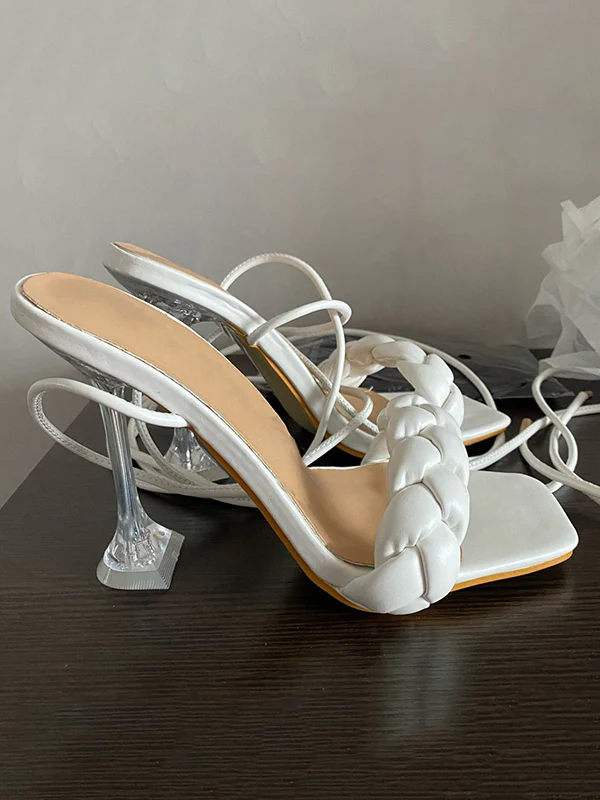 Lace-Up Open Toe Split-Joint Square-Toe Pumps Sandals - Image 18
