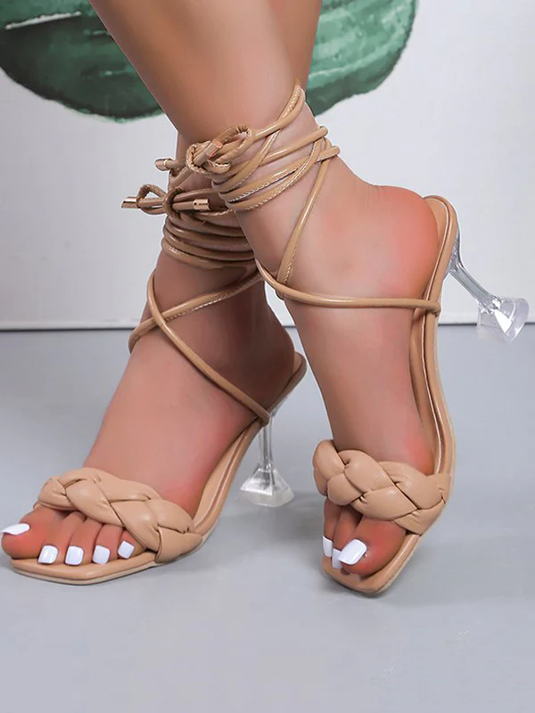 Lace-Up Open Toe Split-Joint Square-Toe Pumps Sandals - Image 2