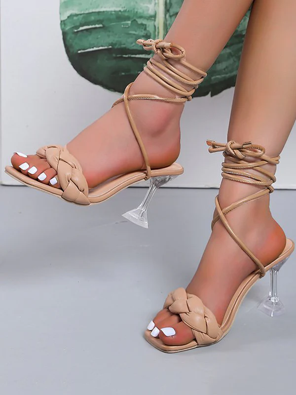 Lace-Up Open Toe Split-Joint Square-Toe Pumps Sandals - Image 3