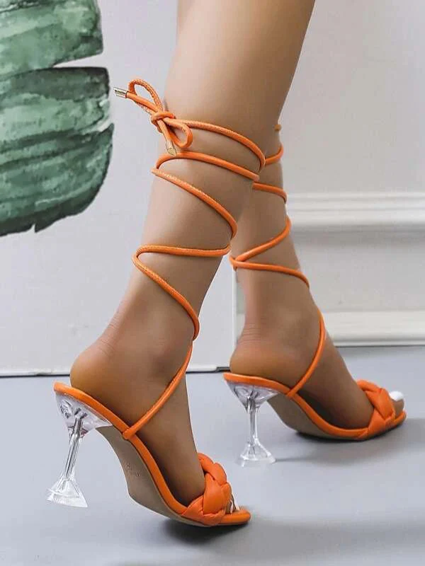 Lace-Up Open Toe Split-Joint Square-Toe Pumps Sandals - Image 5