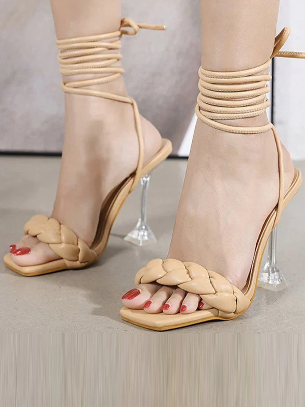 Lace-Up Open Toe Split-Joint Square-Toe Pumps Sandals - Image 6