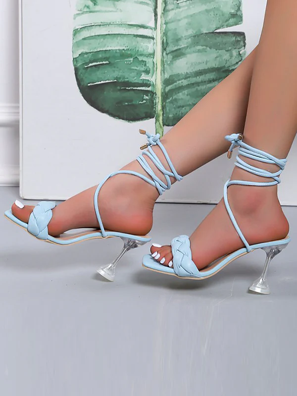 Lace-Up Open Toe Split-Joint Square-Toe Pumps Sandals - Image 9