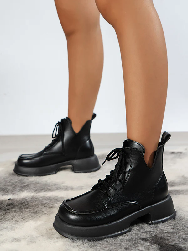 Lace-Up Round-Toe Solid Color Split-Joint Boots - Image 3