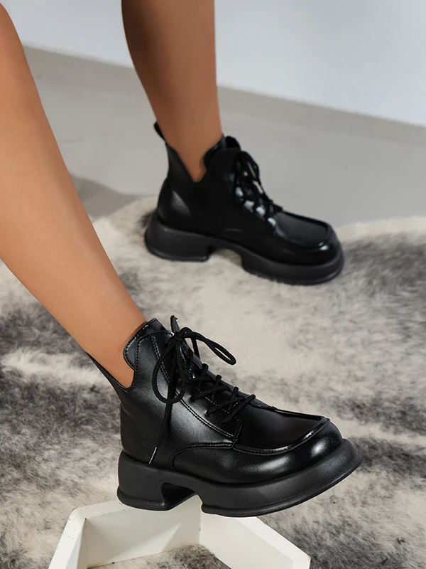 Lace-Up Round-Toe Solid Color Split-Joint Boots - Image 4