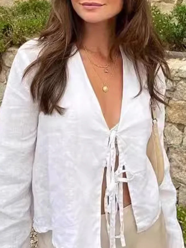 Lace-Up Solid Color V-Neck Blouses&Shirts Tops - Image 11