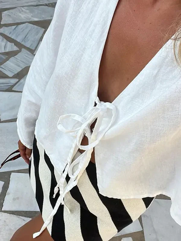 Lace-Up Solid Color V-Neck Blouses&Shirts Tops - Image 12