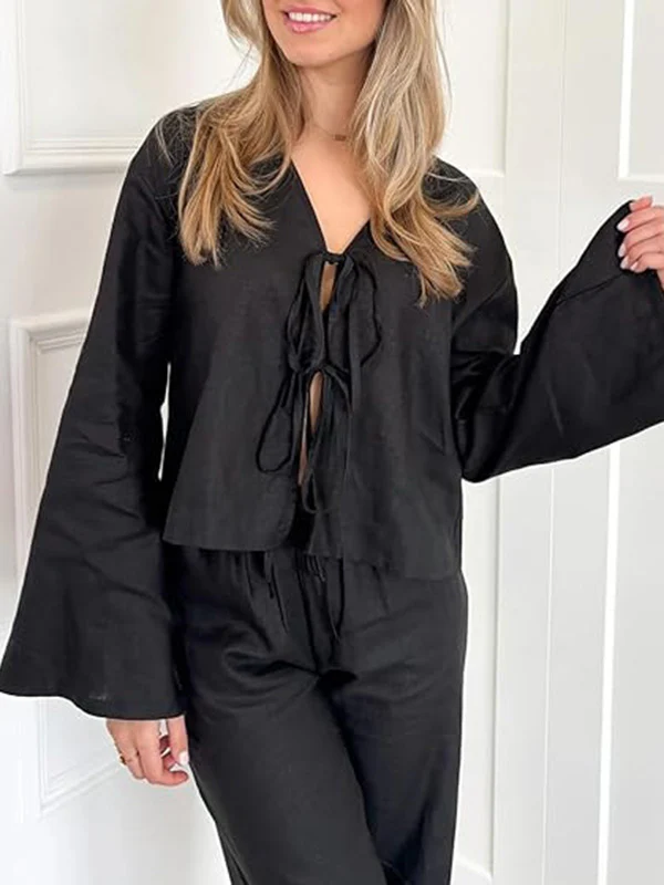 Lace-Up Solid Color V-Neck Blouses&Shirts Tops - Image 13