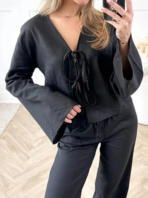 Lace-Up Solid Color V-Neck Blouses&Shirts Tops - Image 14