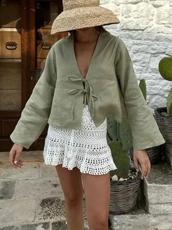 Lace-Up Solid Color V-Neck Blouses&Shirts Tops - Image 2