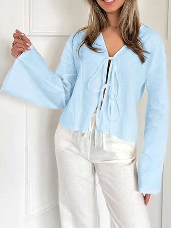 Lace-Up Solid Color V-Neck Blouses&Shirts Tops - Image 3