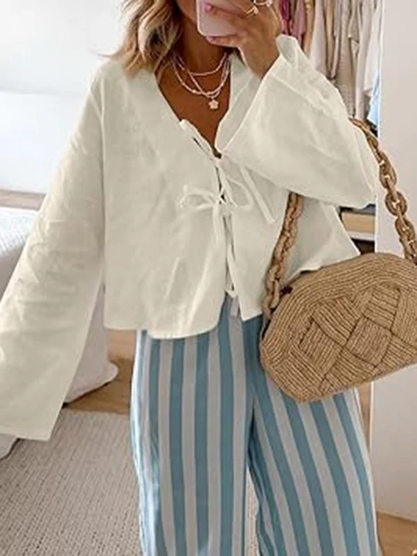 Lace-Up Solid Color V-Neck Blouses&Shirts Tops - Image 5
