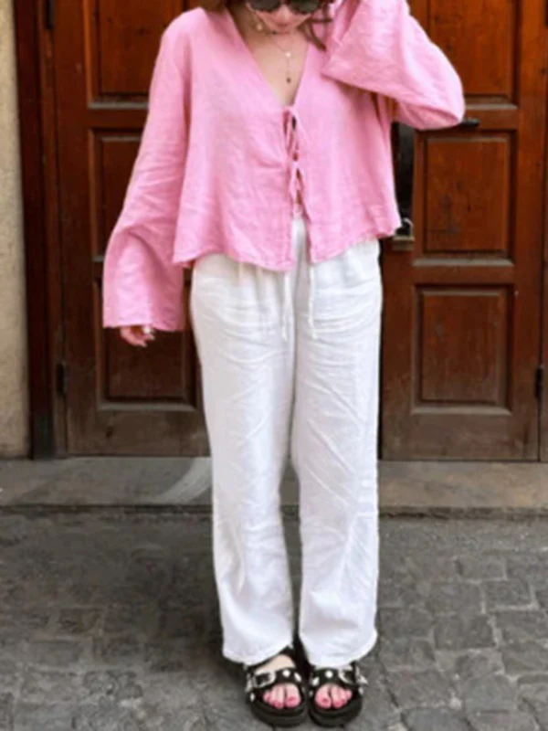 Lace-Up Solid Color V-Neck Blouses&Shirts Tops - Image 9