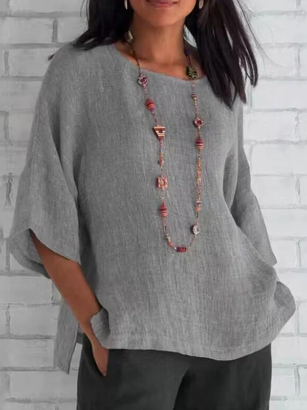 Linen Three-Quarter Sleeves Solid Color Split-Joint Split-Side Round-Neck T-Shirts Tops