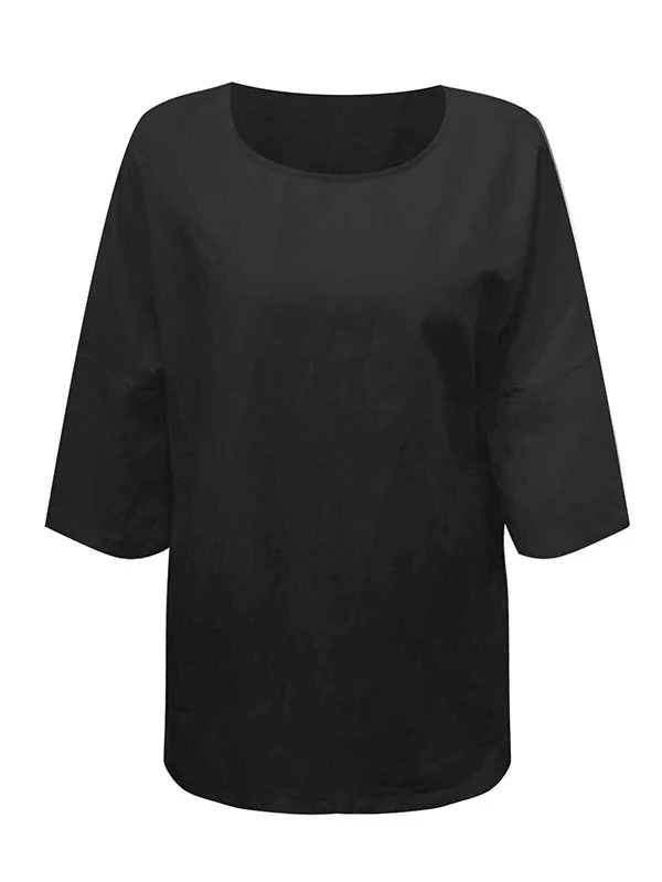 Linen Three-Quarter Sleeves Solid Color Split-Joint Split-Side Round-Neck T-Shirts Tops - Image 10