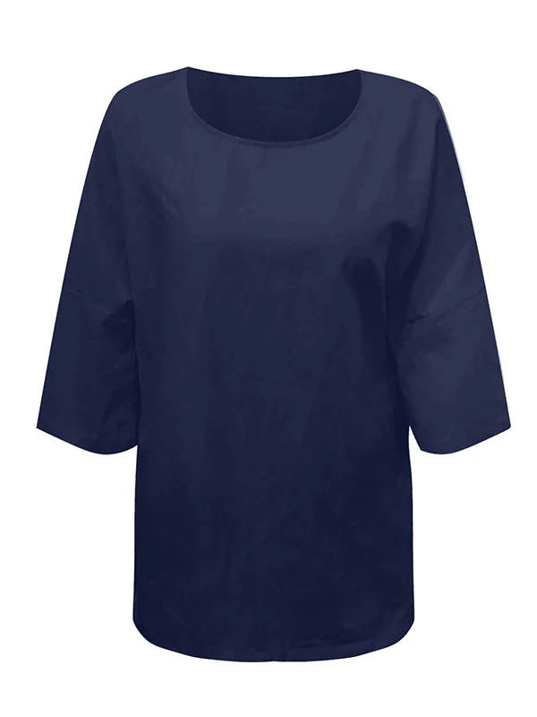 Linen Three-Quarter Sleeves Solid Color Split-Joint Split-Side Round-Neck T-Shirts Tops - Image 11