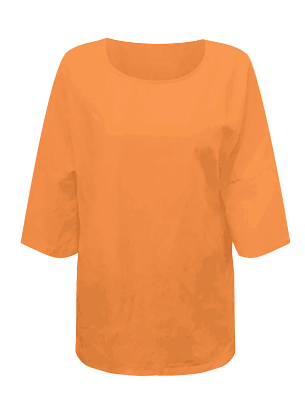 Linen Three-Quarter Sleeves Solid Color Split-Joint Split-Side Round-Neck T-Shirts Tops - Image 12