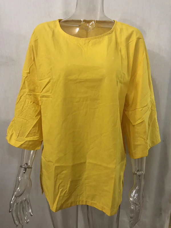 Linen Three-Quarter Sleeves Solid Color Split-Joint Split-Side Round-Neck T-Shirts Tops - Image 13