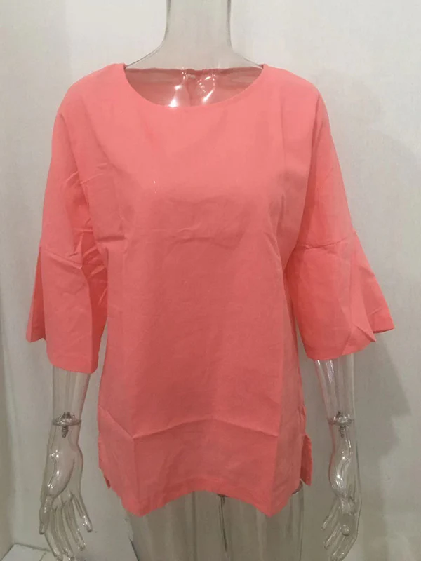 Linen Three-Quarter Sleeves Solid Color Split-Joint Split-Side Round-Neck T-Shirts Tops - Image 14