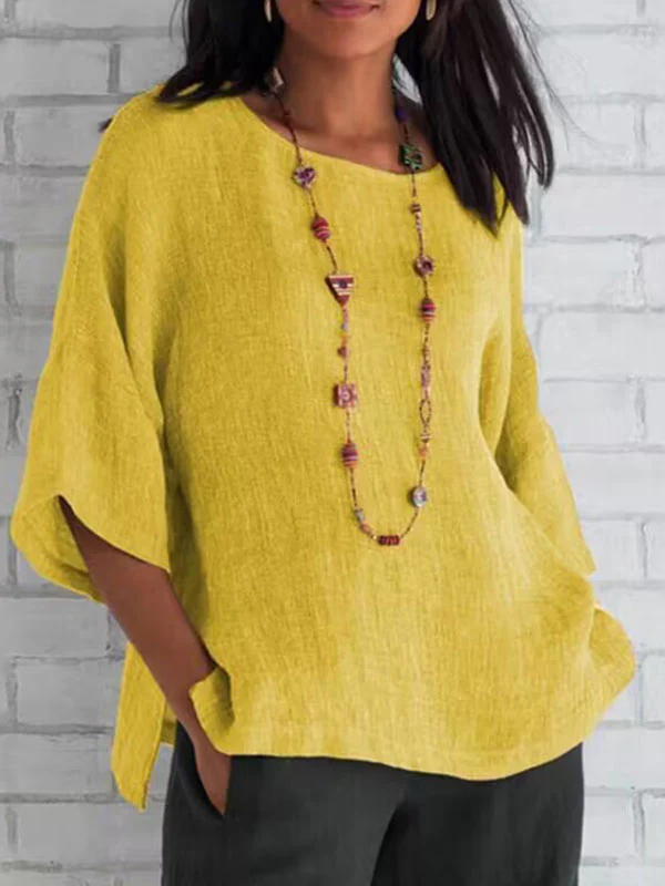 Linen Three-Quarter Sleeves Solid Color Split-Joint Split-Side Round-Neck T-Shirts Tops - Image 2