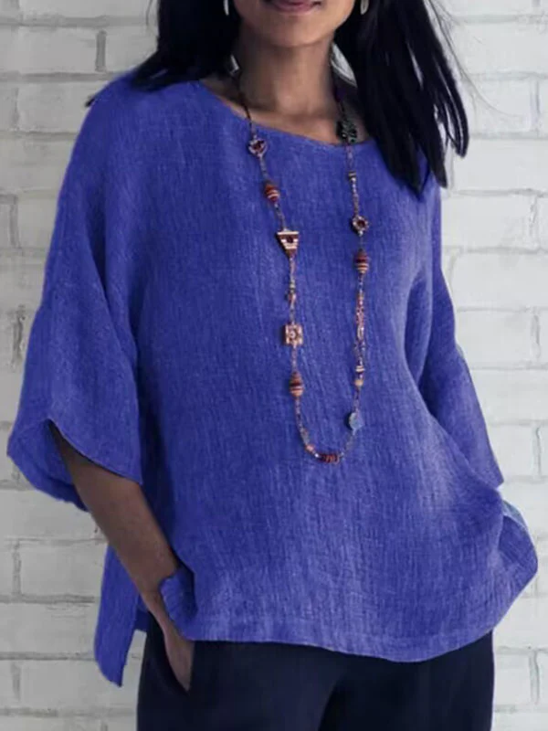 Linen Three-Quarter Sleeves Solid Color Split-Joint Split-Side Round-Neck T-Shirts Tops - Image 3