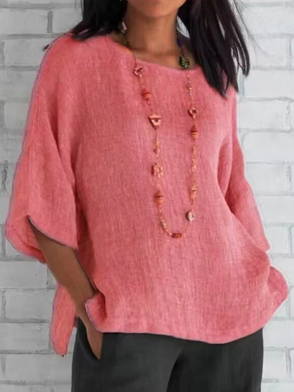 Linen Three-Quarter Sleeves Solid Color Split-Joint Split-Side Round-Neck T-Shirts Tops - Image 4
