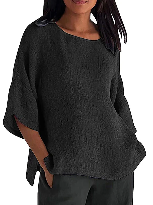 Linen Three-Quarter Sleeves Solid Color Split-Joint Split-Side Round-Neck T-Shirts Tops - Image 5