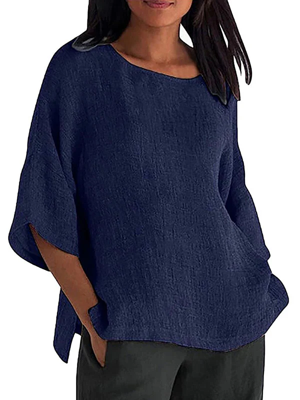 Linen Three-Quarter Sleeves Solid Color Split-Joint Split-Side Round-Neck T-Shirts Tops - Image 6