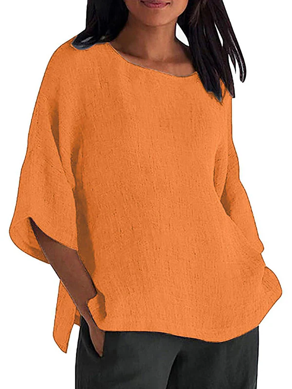Linen Three-Quarter Sleeves Solid Color Split-Joint Split-Side Round-Neck T-Shirts Tops - Image 7