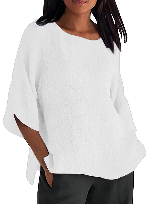 Linen Three-Quarter Sleeves Solid Color Split-Joint Split-Side Round-Neck T-Shirts Tops - Image 8