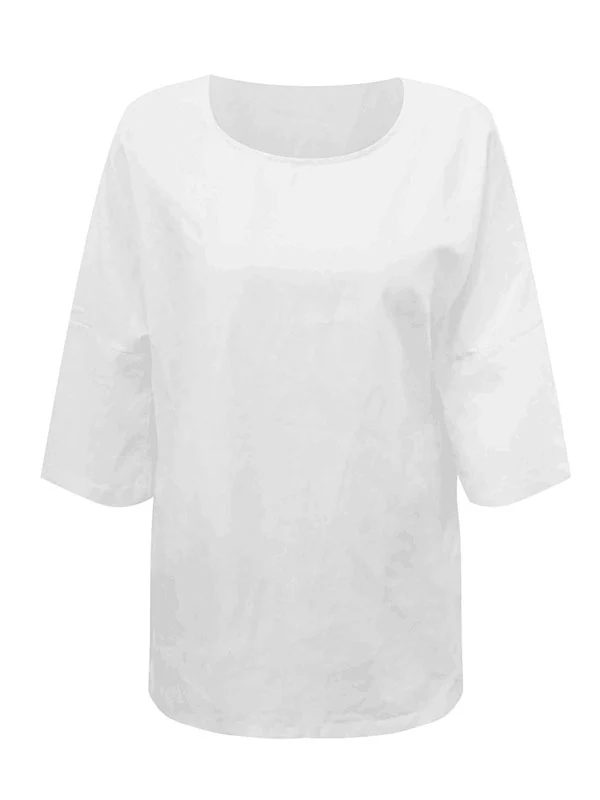 Linen Three-Quarter Sleeves Solid Color Split-Joint Split-Side Round-Neck T-Shirts Tops - Image 9