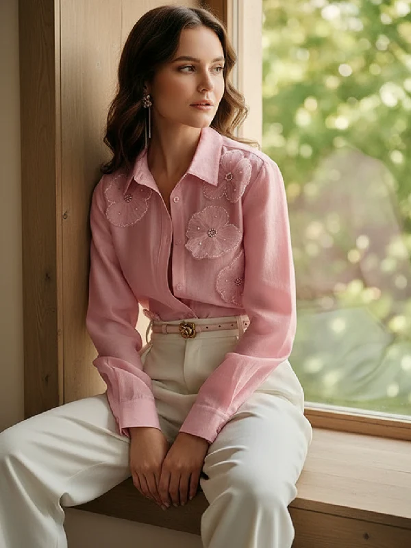 Long Sleeves Applique Split-Joint Lapel Blouses&Shirts Tops - Image 10