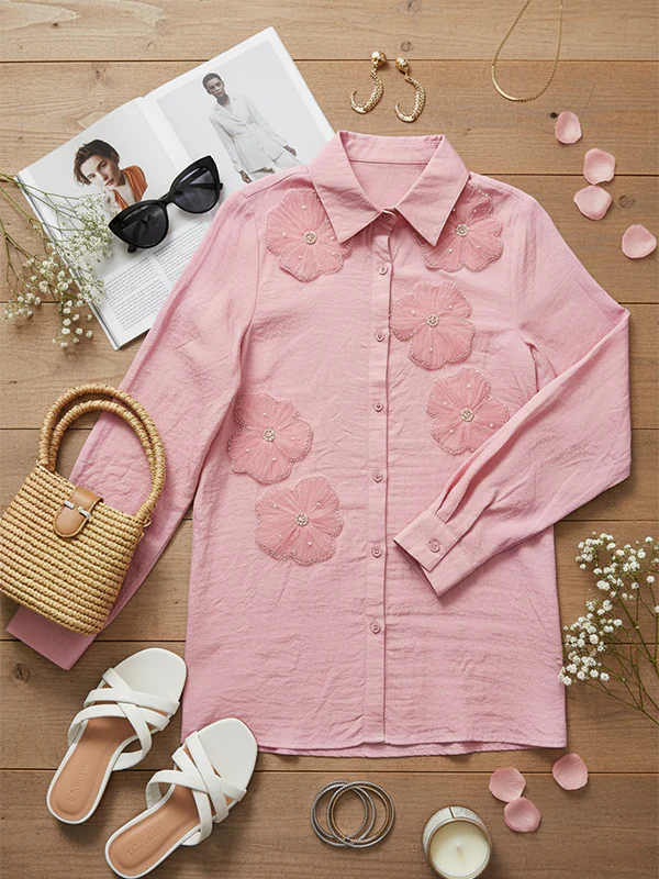 Long Sleeves Applique Split-Joint Lapel Blouses&Shirts Tops - Image 11