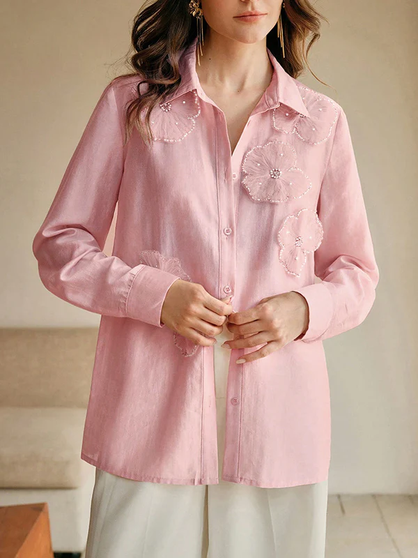 Long Sleeves Applique Split-Joint Lapel Blouses&Shirts Tops - Image 2