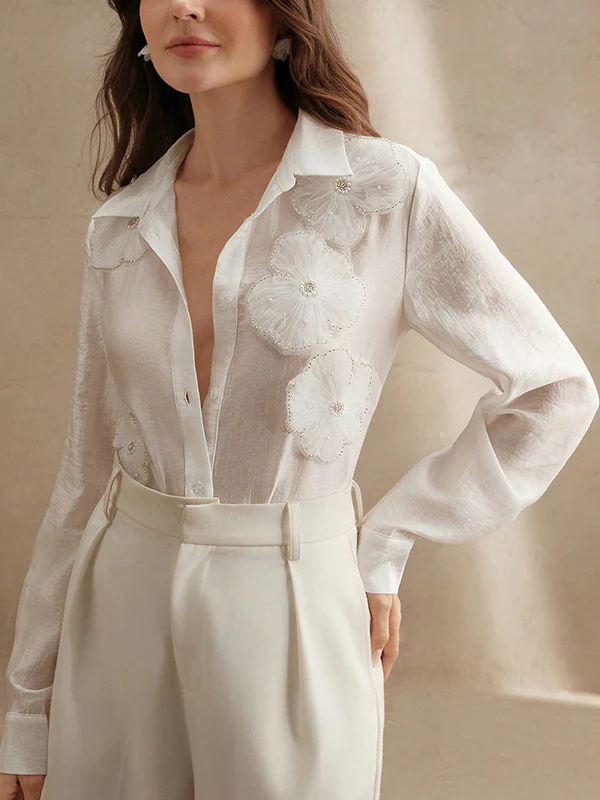 Long Sleeves Applique Split-Joint Lapel Blouses&Shirts Tops - Image 4