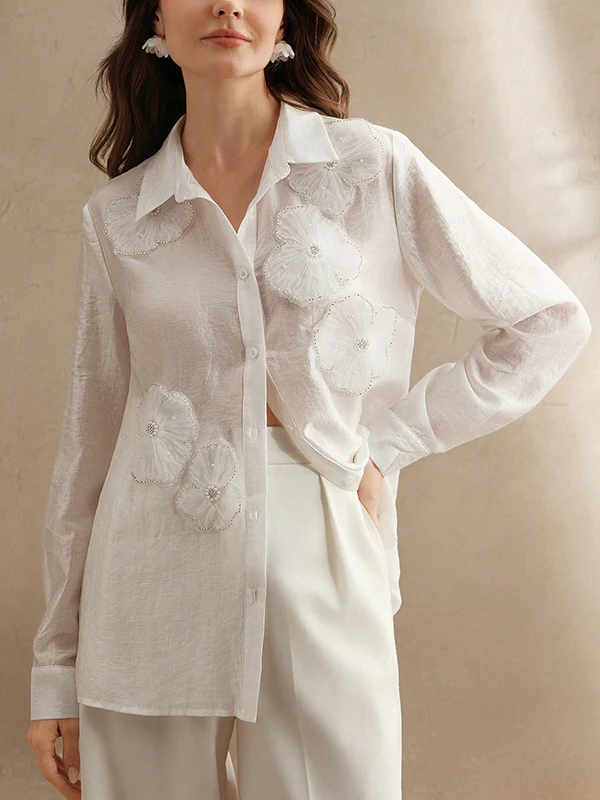 Long Sleeves Applique Split-Joint Lapel Blouses&Shirts Tops - Image 6
