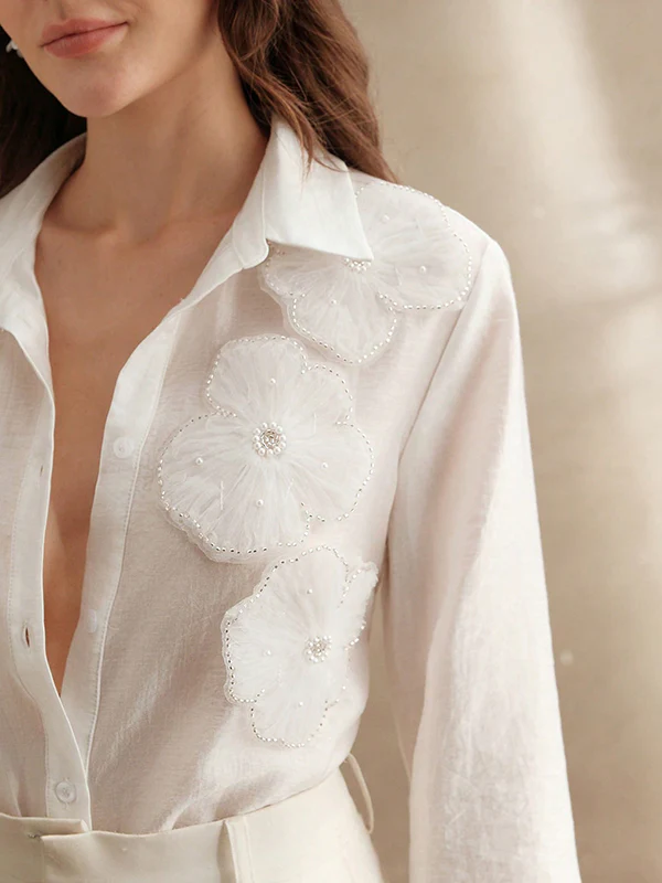 Long Sleeves Applique Split-Joint Lapel Blouses&Shirts Tops - Image 8