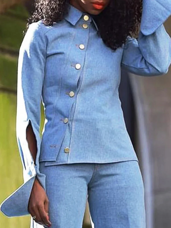 Long Sleeves Asymmetric Buttoned Hollow Lapel Pants Set Two Pieces Set - Image 3