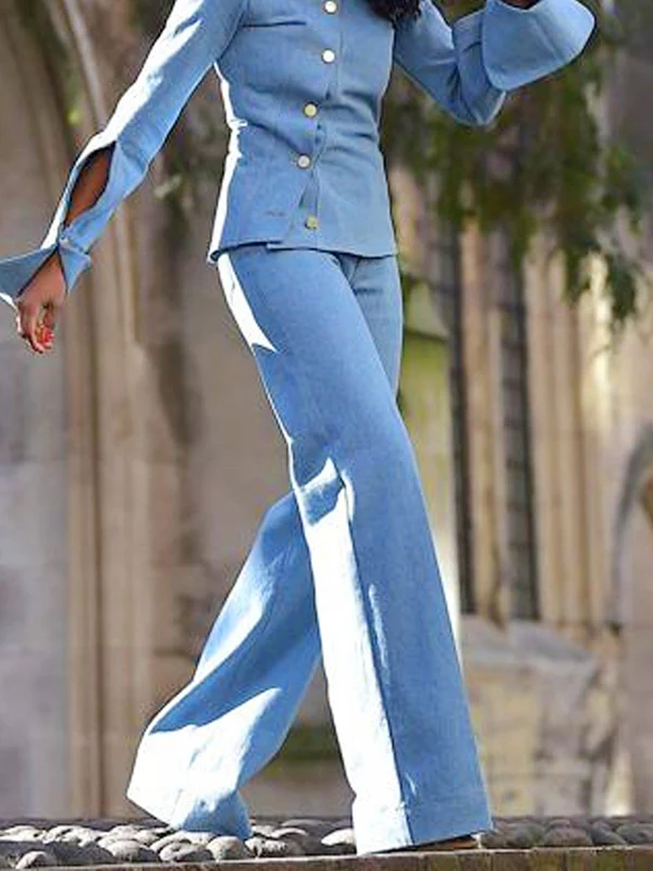 Long Sleeves Asymmetric Buttoned Hollow Lapel Pants Set Two Pieces Set - Image 4