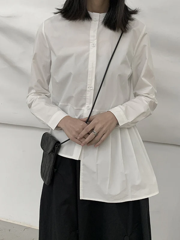 Long Sleeves Asymmetric Buttoned Pleated Solid Color Round-Neck Blouses&Shirts Tops - Image 2