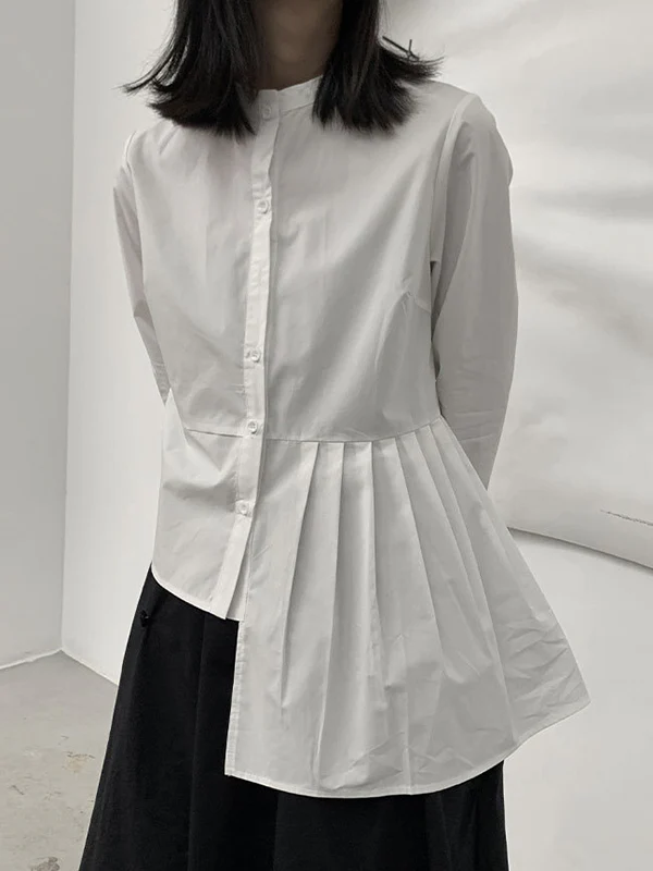 Long Sleeves Asymmetric Buttoned Pleated Solid Color Round-Neck Blouses&Shirts Tops - Image 3