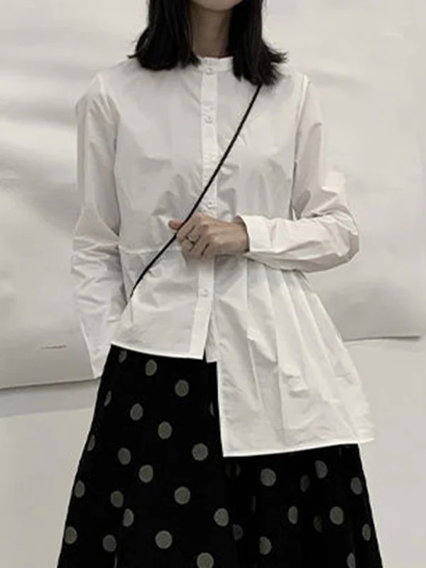Long Sleeves Asymmetric Buttoned Pleated Solid Color Round-Neck Blouses&Shirts Tops - Image 4