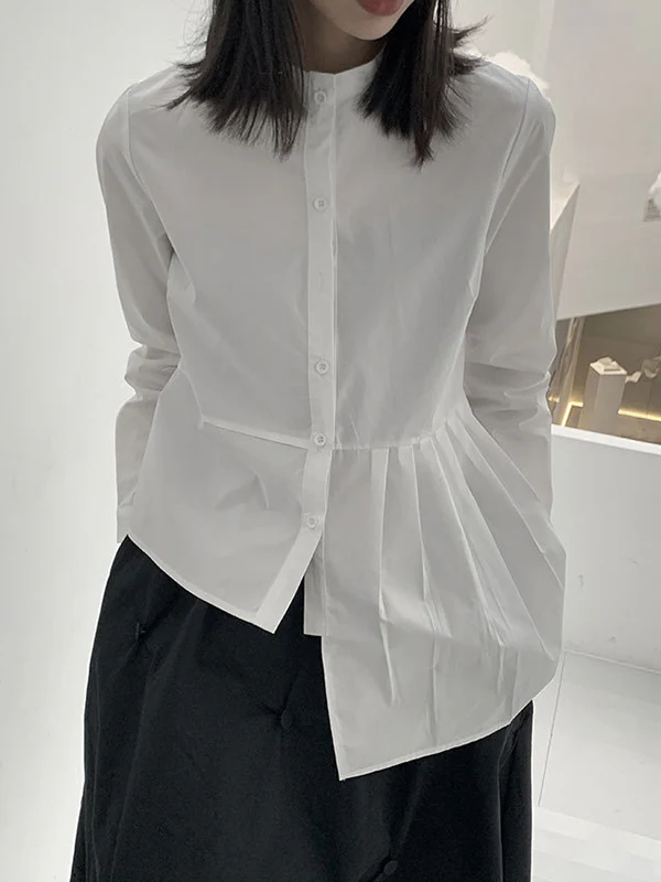 Long Sleeves Asymmetric Buttoned Pleated Solid Color Round-Neck Blouses&Shirts Tops - Image 5