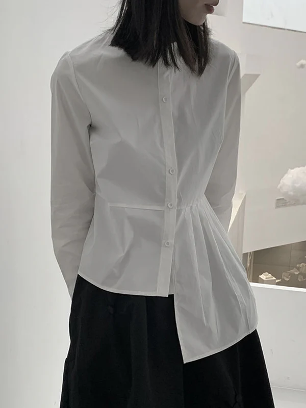 Long Sleeves Asymmetric Buttoned Pleated Solid Color Round-Neck Blouses&Shirts Tops - Image 6