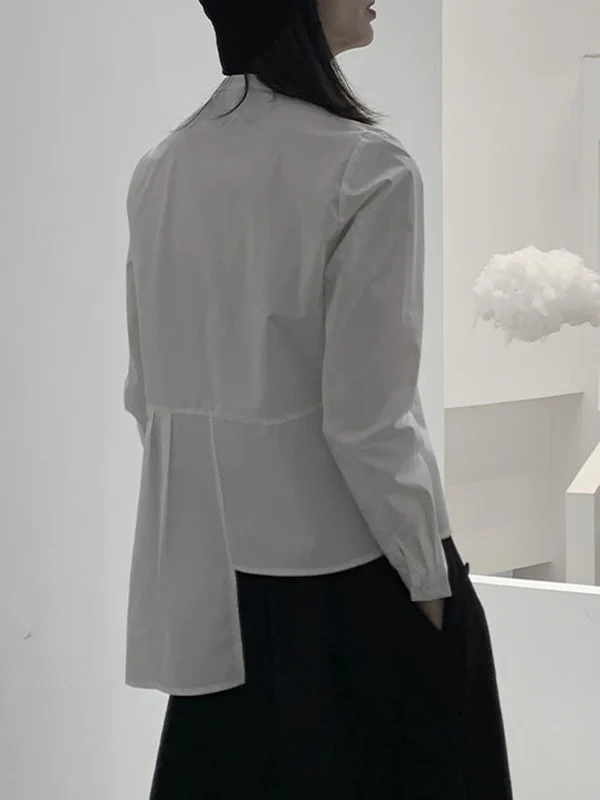 Long Sleeves Asymmetric Buttoned Pleated Solid Color Round-Neck Blouses&Shirts Tops - Image 7