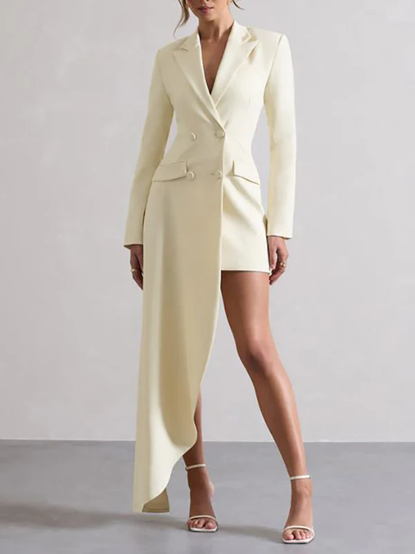 Long Sleeves Asymmetric Buttoned Pockets Solid Color Notched Collar Blazer Maxi Dress - Image 4