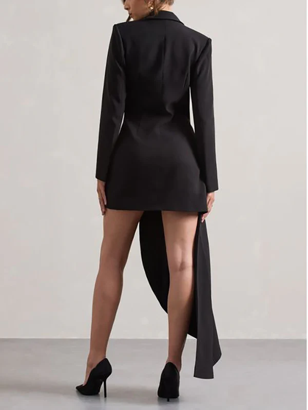 Long Sleeves Asymmetric Buttoned Pockets Solid Color Notched Collar Blazer Maxi Dress - Image 6